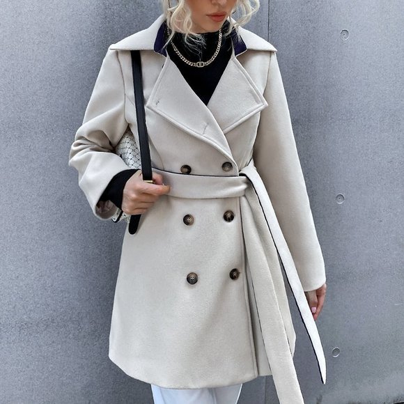 . Jackets & Blazers - Beige Preppy Womens Double Breasted Lapel Neck Belted Overcoat